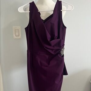 Alex Evenings Deep Purple Sleeveless Draped Midi Dress with Embellished Waist